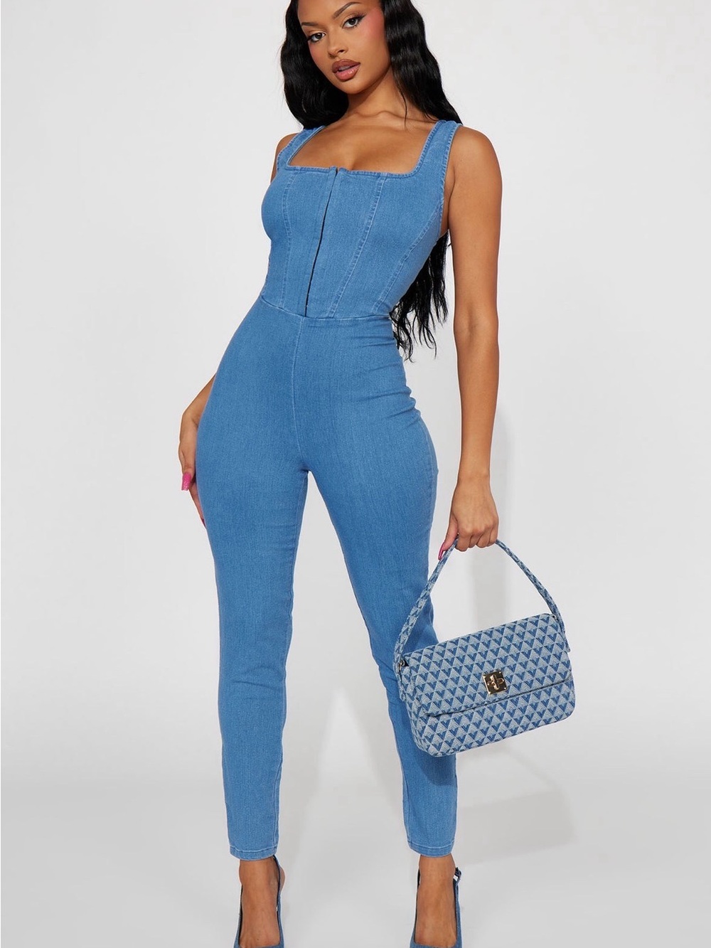 Fashion Nova Blue Denim Square Neck Jumpsuit